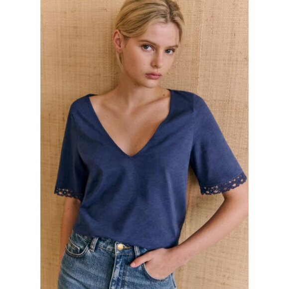 Sezane Lorna Tshirt Navy Size Large Organic Cotton - Picture 1 of 7